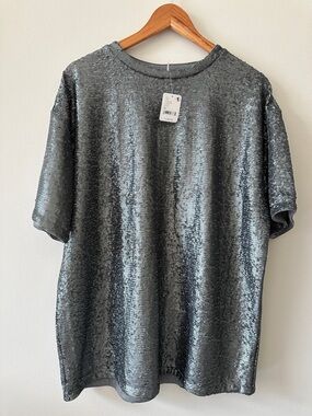 NWT Free People Oversized Blue Gray Silver Sequin Short Sleeve Tee - Size XS